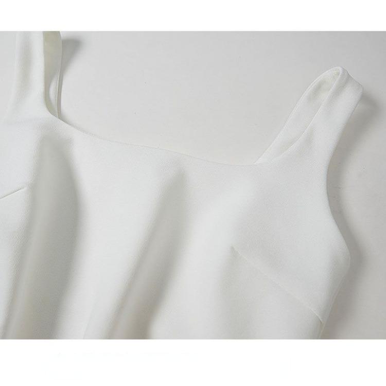 Elegant Dress for Women French White Sleeveless Square Neck Bodycon Dress with Pleats