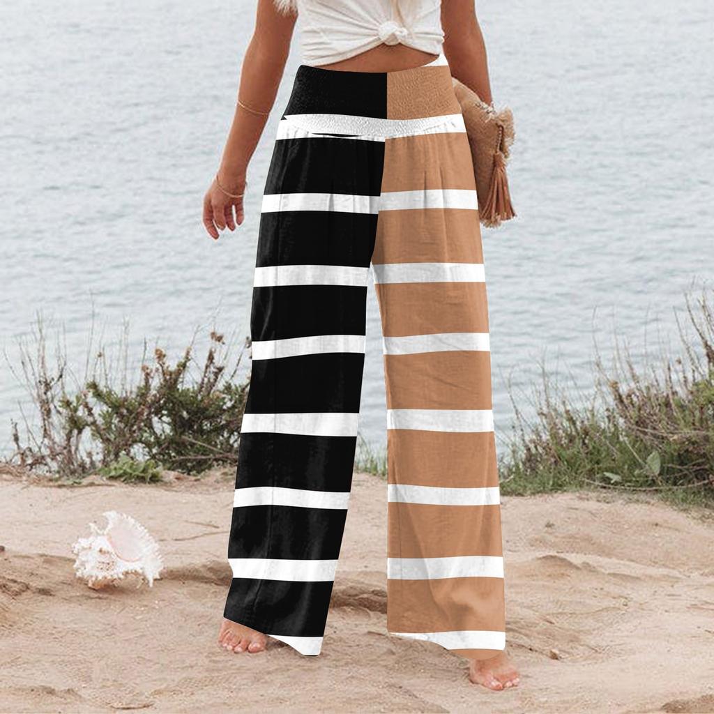 Women's Summer Elastic Waist Striped Printed Cotton And Linen Loose Trousers