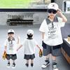 Boys' Summer Plaid Letter Print Lapel Shorts Set