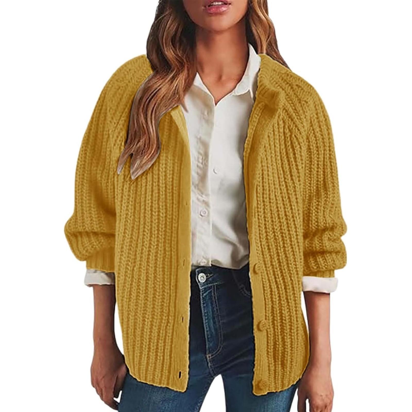 

Женский однотонный повседневный кардиган с длинными рукавами, вязаный свитер, куртка XL жёлтый