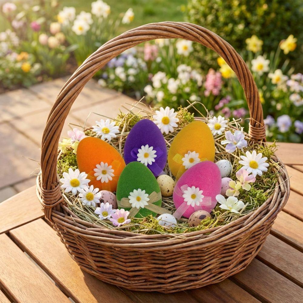 Foam Flocked Easter Eggs with Flower Bow Lifelike Easter Egg Ornaments Colorful Artificial Easter Party Decoration