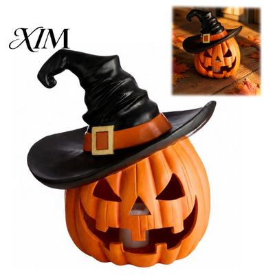 Decorative Resin Crafts Halloween Pumpkin Ornament with Witch Hat, Jack O Lantern Lamp, Spooky Gift for Adults Face Figurine Haunted House Tabletop