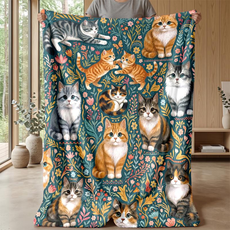 Cats In Cartoon Style Blanket Personalized Name Flannel Blanket Soft Cozy Plush Throw for Sofa Bed Lightweight Home Decor