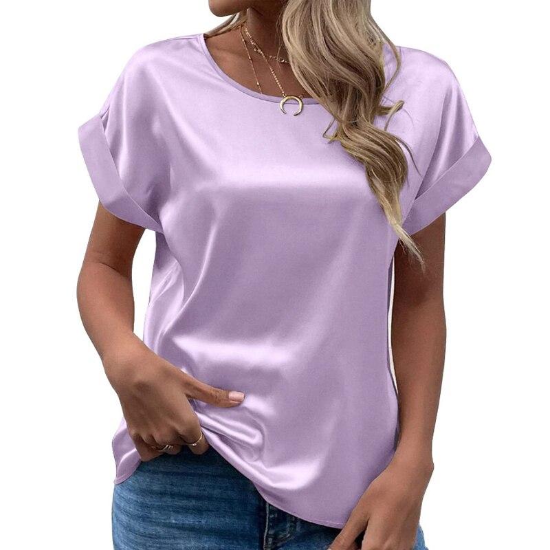 

Casual Solid Satin Women Blouse Fashion 2026 Summer Elegant Short Sleeve Woman Shrit Loose Office Lady Tops Women Clothing 25084 XXL світло-фіолетового кольору
