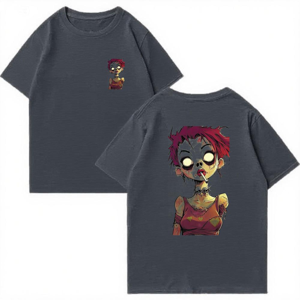 Zombie Girl Cartoon Graphic T Shirt Oversized Back Print Grunge Skull Neck Horror Tee Y2K Streetwear Cotton Short Sleeve
