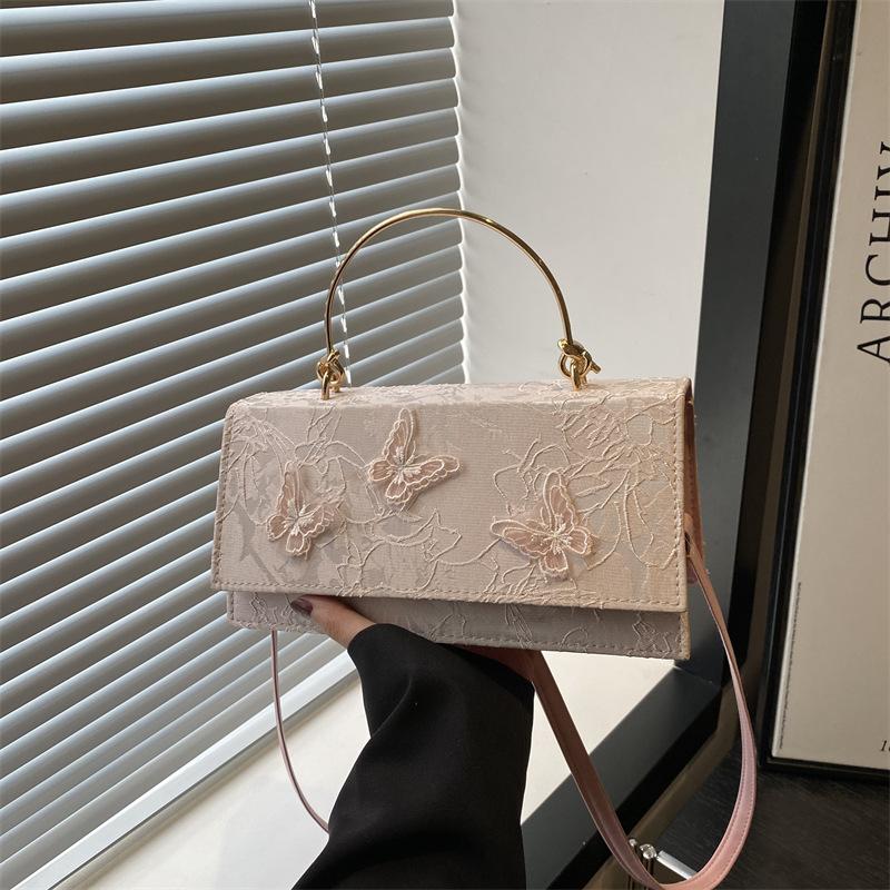 Indented Lace Solid Color New Butterfly Embroidery Fashion One Shoulder Crossbody Portable Horizontal Small Square Bag Women