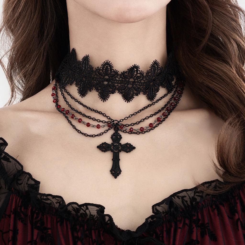 Gothic Dark Cross Necklace Female, Punk Crystal Beaded Fringed Collar Necklace