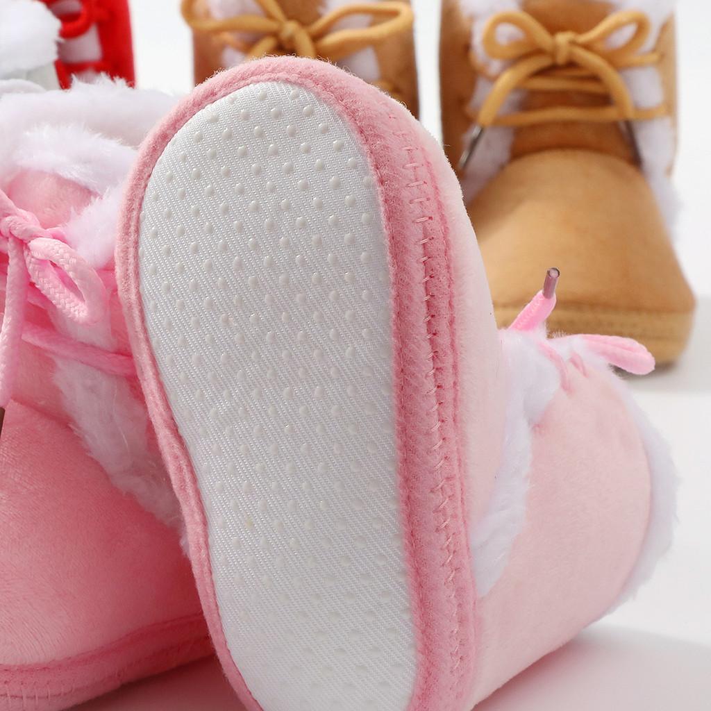Baby Girl Booties with Bow Plush Non-Slip Sole First Walkers Warm Color-Block Shoes for Infant 0-12 Months