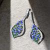 Enamel Iris Flower Hollow Leaf Frame Paved Stone Dangle Click Earrings Vintage Women Floral Ear Jewelry