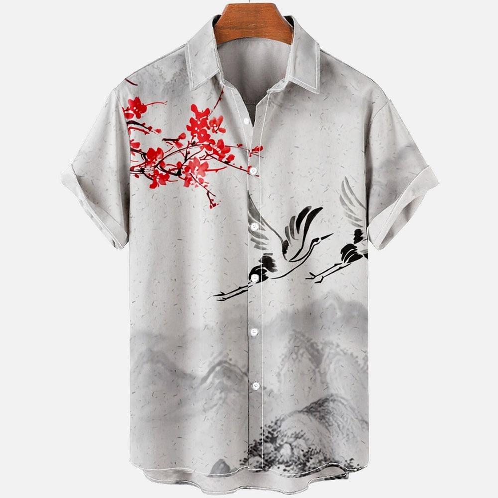 Japanese Flower Bird Print Fashion Men's Shirt Hawaiian Blouse Casual Loose Breathable Short Sleeve Outdoor Street Men's Clothes