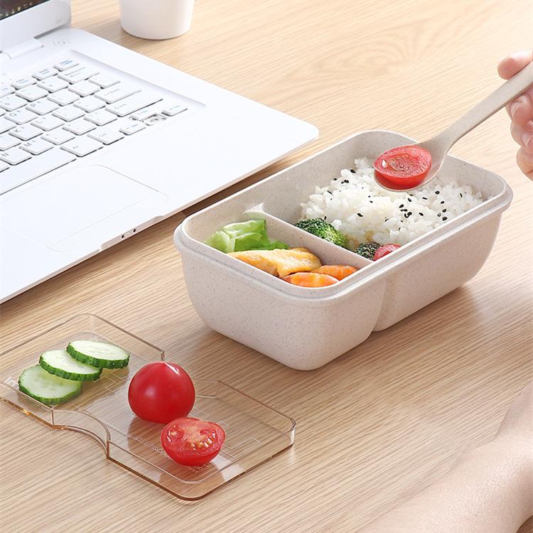 Microwavable Japanese-Style Wheat Straw Lunch Box Set with Compartments for Students and Office Workers