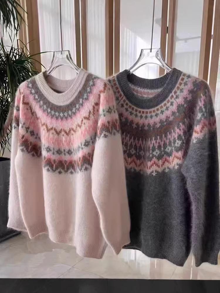 Women's Fair Isle Jacquard Brushed Knit Sweater with Half-High Round Neck, Cashmere-Wool Blend, Ideal for Layering