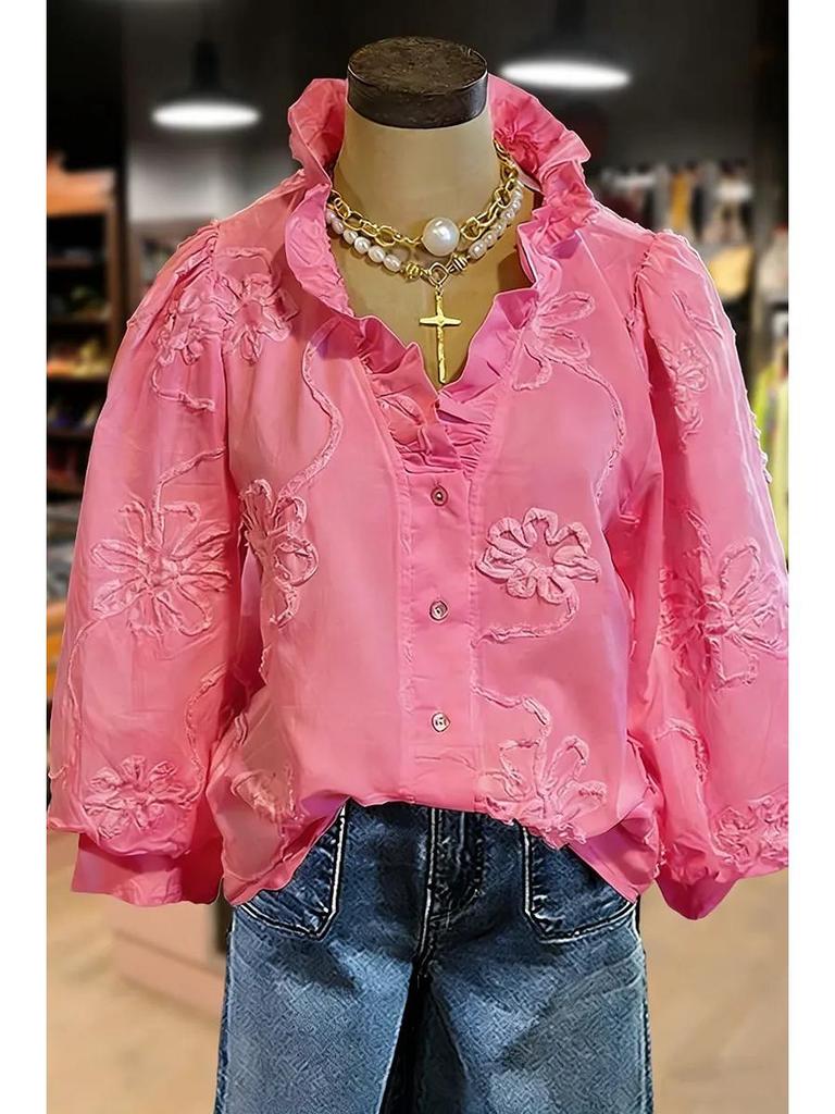 European-American V-Neck Ruffle Puff Sleeve Embroidered Women's Casual Holiday Top