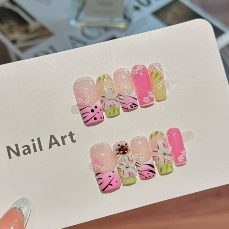 10Pcs Pink Green Press On Nails - 3D Flower & Ladybug Fake Nails XS