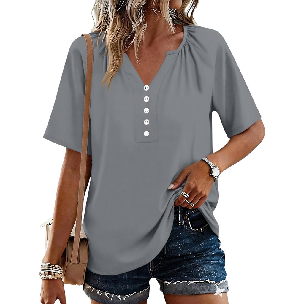 Modisches Lässiges Damen Oberteil mit Knopfleiste und V-Ausschnitt, kurzärmlig