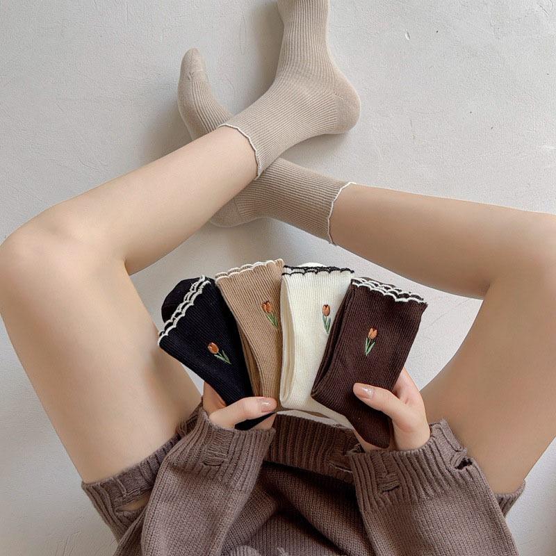 3 Pairs of Women's Socks Set Spring and Summer Thin Breathable Ruffle Edge Socks All Cotton Cute Women's White Printed Socks