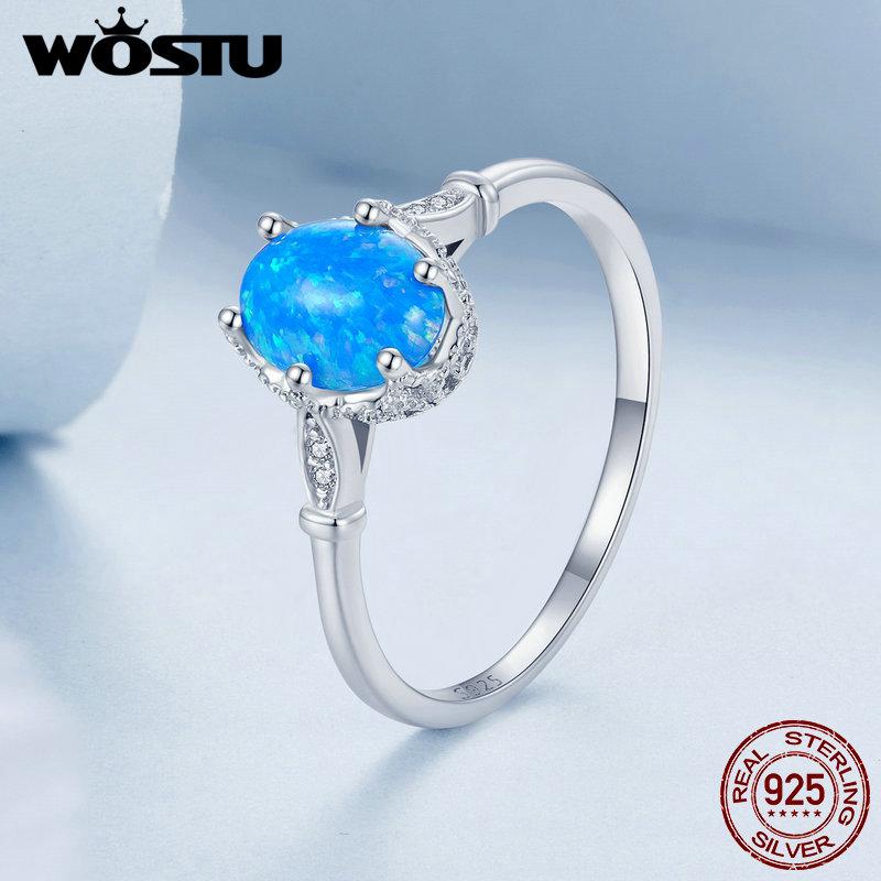 WOSTU 925 Sterling Silver Crown Blue Opal Ring With Translucent Opal For Women Party Wedding Anniversary Gift Fine Jewellery