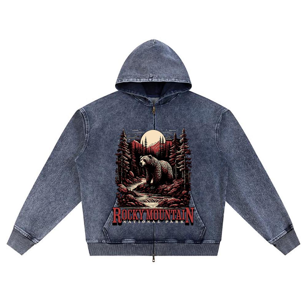 

DTG print Knitted Denim Zip-Up Hoodie Rocky Mountain Brother Print Zipper Hoodies XL темно-синий