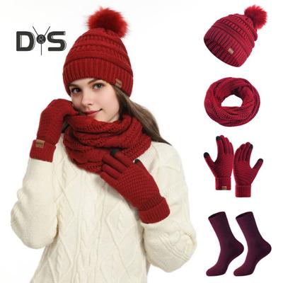 4 Pcs/Set Women Winter Hat Scarf Gloves Socks Set Thick Plush Knitted Warm Cap Touch Screen Gloves Elastic Ear Protection Windproof Winter Outdoor