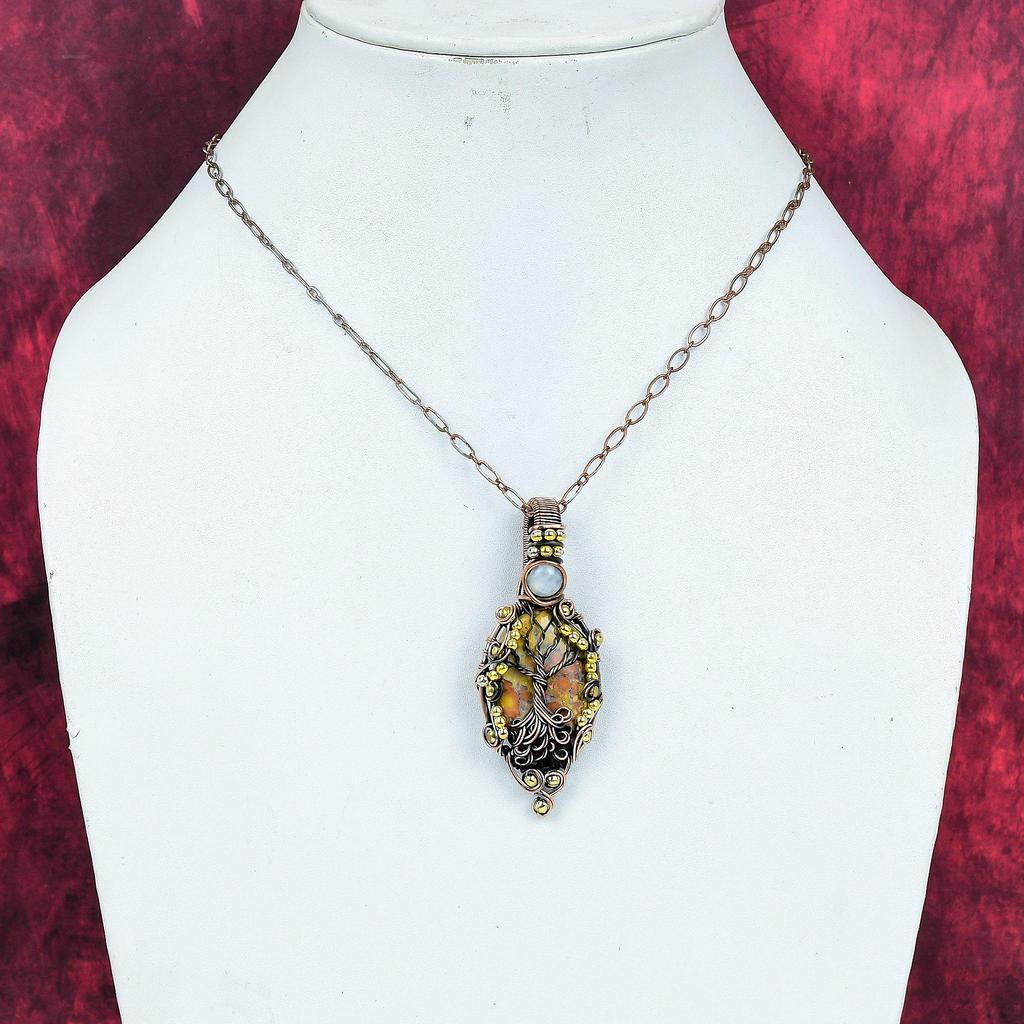 Tree of life maligano jasper pendant copper wire wrapped gemstone jewelry rainbow moonstone pendant handmade unique pendant anniversary gift