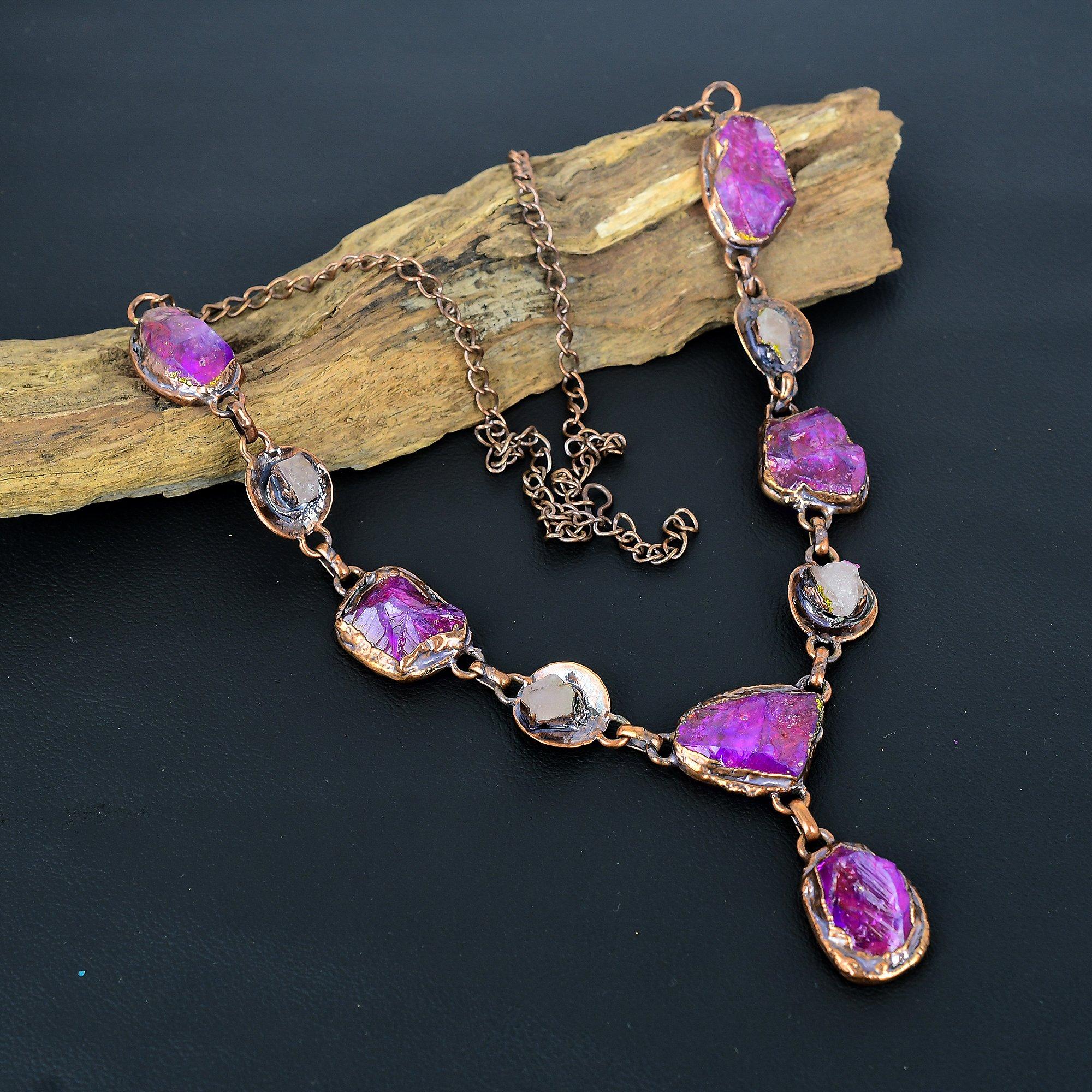 

Ruby & Rose Quartz Handmade Gemstone Necklace, Copper Electroformed Necklace Antique Jewelry, Adjustable Necklace Engagement Gift