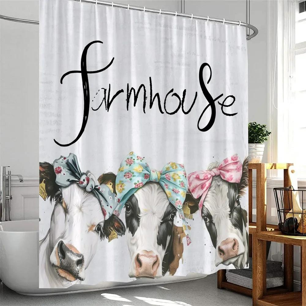 Landhaus Badezimmer Duschvorhang Dekorativ Kuh Sonnenblume Blume Kürbis Herbst Polyester Badewannenvorhang