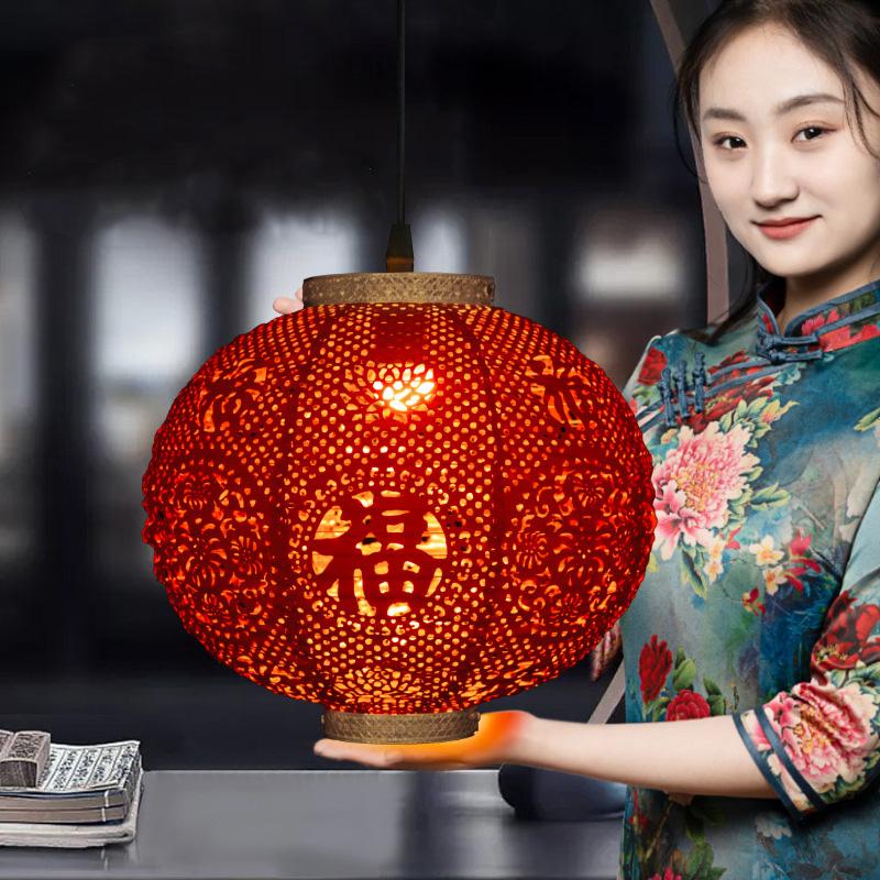 Solar Power Supply Chinese Style Red Lantern Hollow Outdoor Hanging Lantern New Year Decoration Spring Festival Party Decor