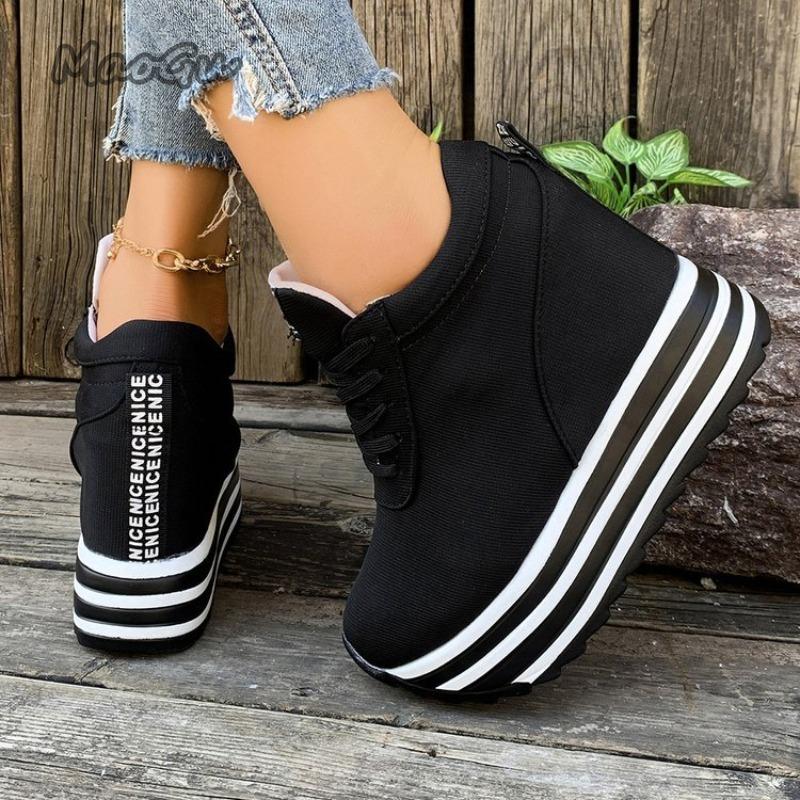 Dicke Sohle Plateau Damen Casual Sneaker Schwarz Weiß Colorblock Schnürschuhe Herbst Höhenvergrößernd Outdoor Damenschuhe
