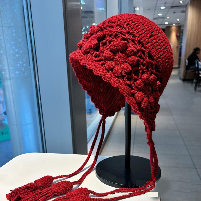 Korean Tassel Flower Knitted Ear Protection Hat Women Autumn Winter Warm Handmade Crochet Earmuffs Cap Girl Pullover Beanie Hat