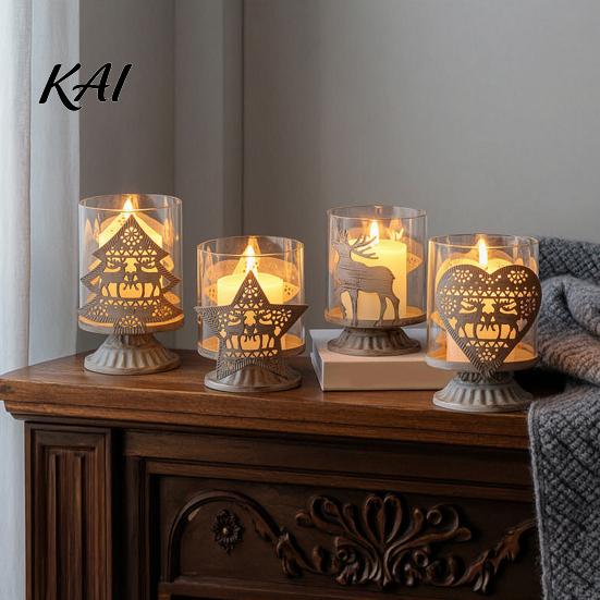 Holiday Gift for Her 2Pcs Christmas Hollow Metal Candle Holder, Vintage Tabletop Tealight Lantern, Xmas Glass Lamp Elk, Tree, Star & Heart Silhouette