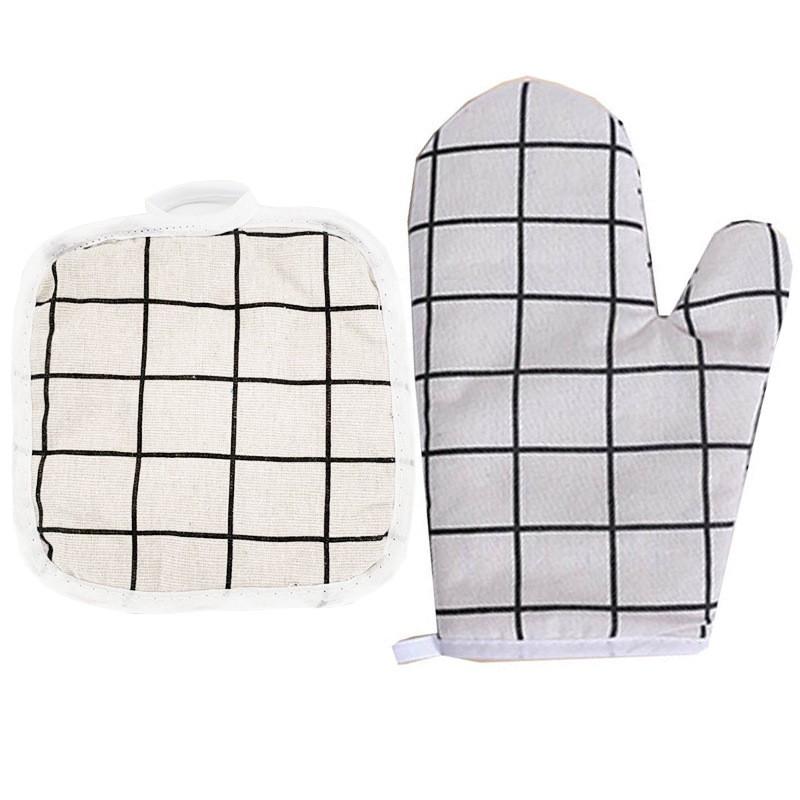 Heat Resistant Oven Gloves With Insulated Pad Set Baking Microwave Kitchen Use Cotton Linen Blend Modern Geometric Design