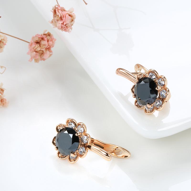 New  Rose Gold Women Earrings Glisten Natural Black Zircon Crystal Flower Earrings High Quality Daily Fine Jewelry