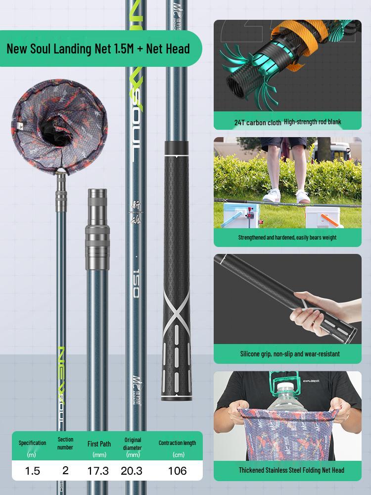 Superharte Carbon-Angelruten-Kombination: Kescher, Rute, Kopf, Fischbehälter, Extraharte integrierte Blankrute