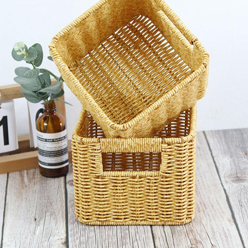 1Pc PP Simple Storage Case Practical Hand-woven Removable Imitation Rattan Desktop Organizing Box Storage Basket