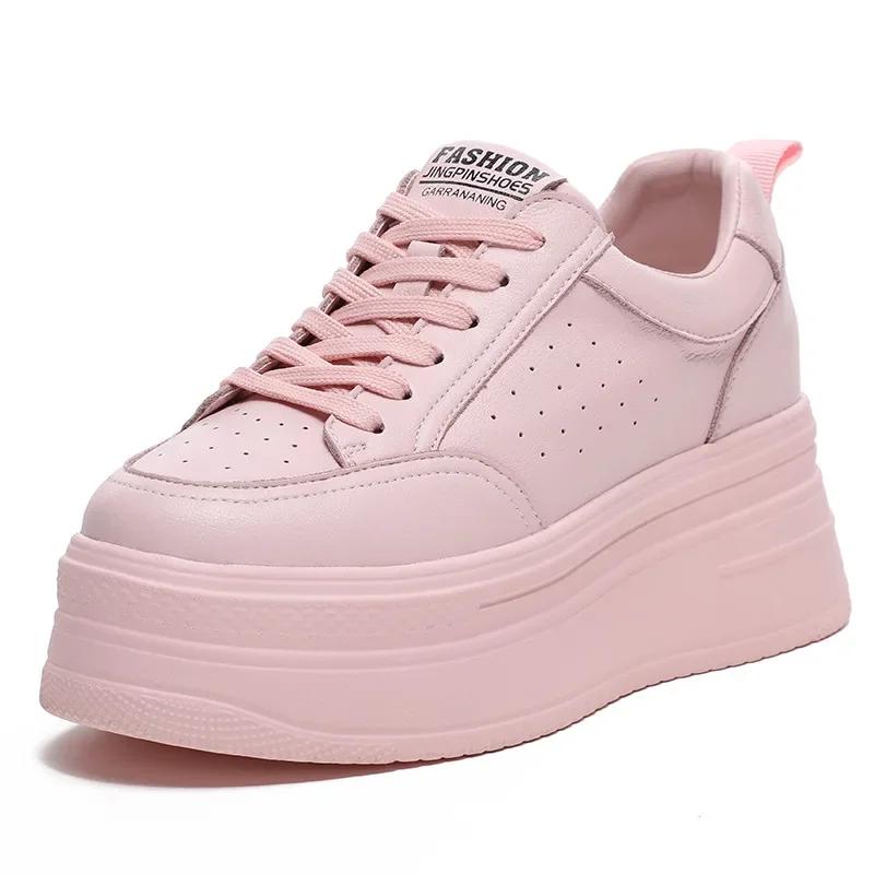 Mode 8cm Echtes Leder Damen Freizeitschuhe Klobige Sneaker Plateau Keil Versteckter Absatz Damen Freizeitschuhe Frühling Herbst Weiß