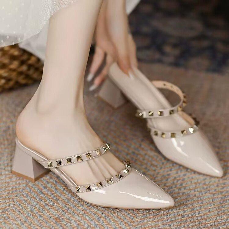 

Baotou half slippers outer wear spring 2025 new fairy medium heel pointed sandals rivet high heels single shoes 40