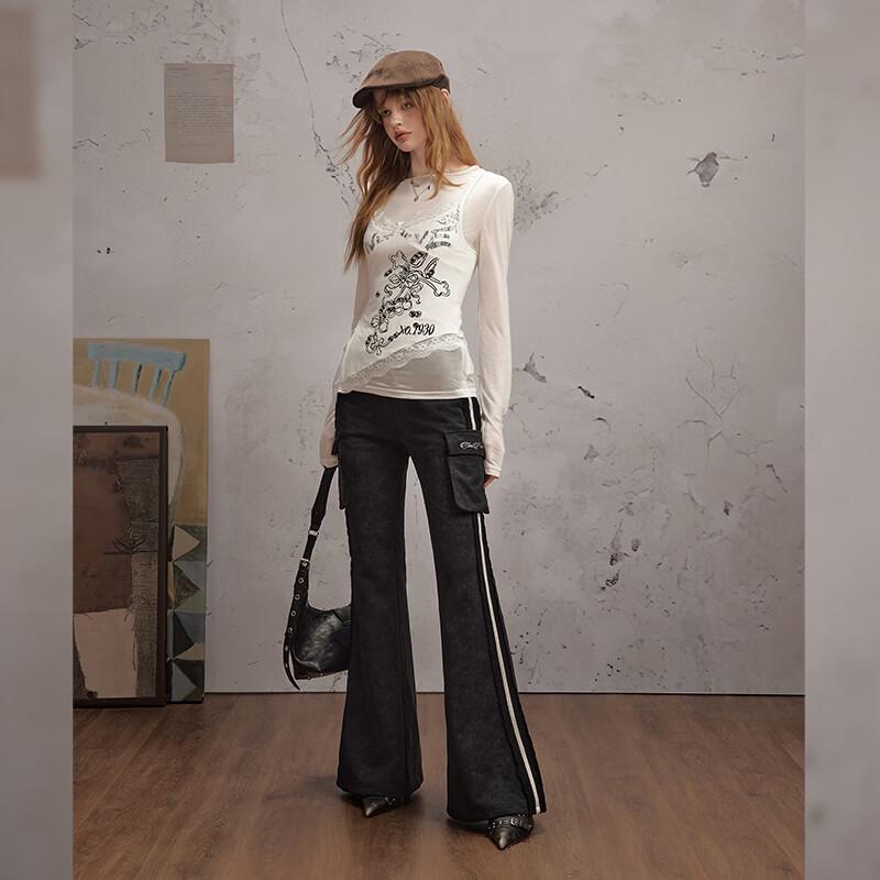 unifree Retro Colorblock Distressed Flared Casual Pants