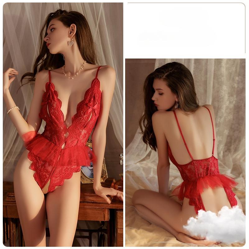 Women’s Sexy Lace Sheer Bodysuit Sweet Pure Style Backless Open-Crotch Lingerie
