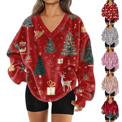 Women's Fashion Casual Long Sleeve Christmas Printed V-Neck Top Sweatshirt