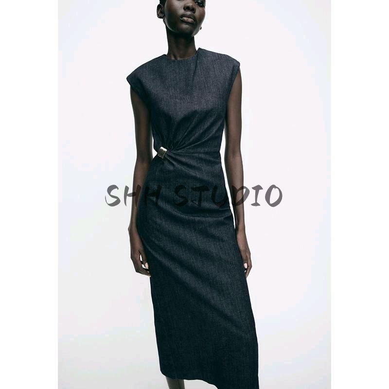 Spring New Women's Clothing Fashion Style Sleeveless round Neck Gold Inlaid Denim Midi Skirt Dress 2022576