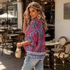 Women's Vintage Floral Print Blouse with Tie Neck and Ruffle Three-Quarter Sleeves