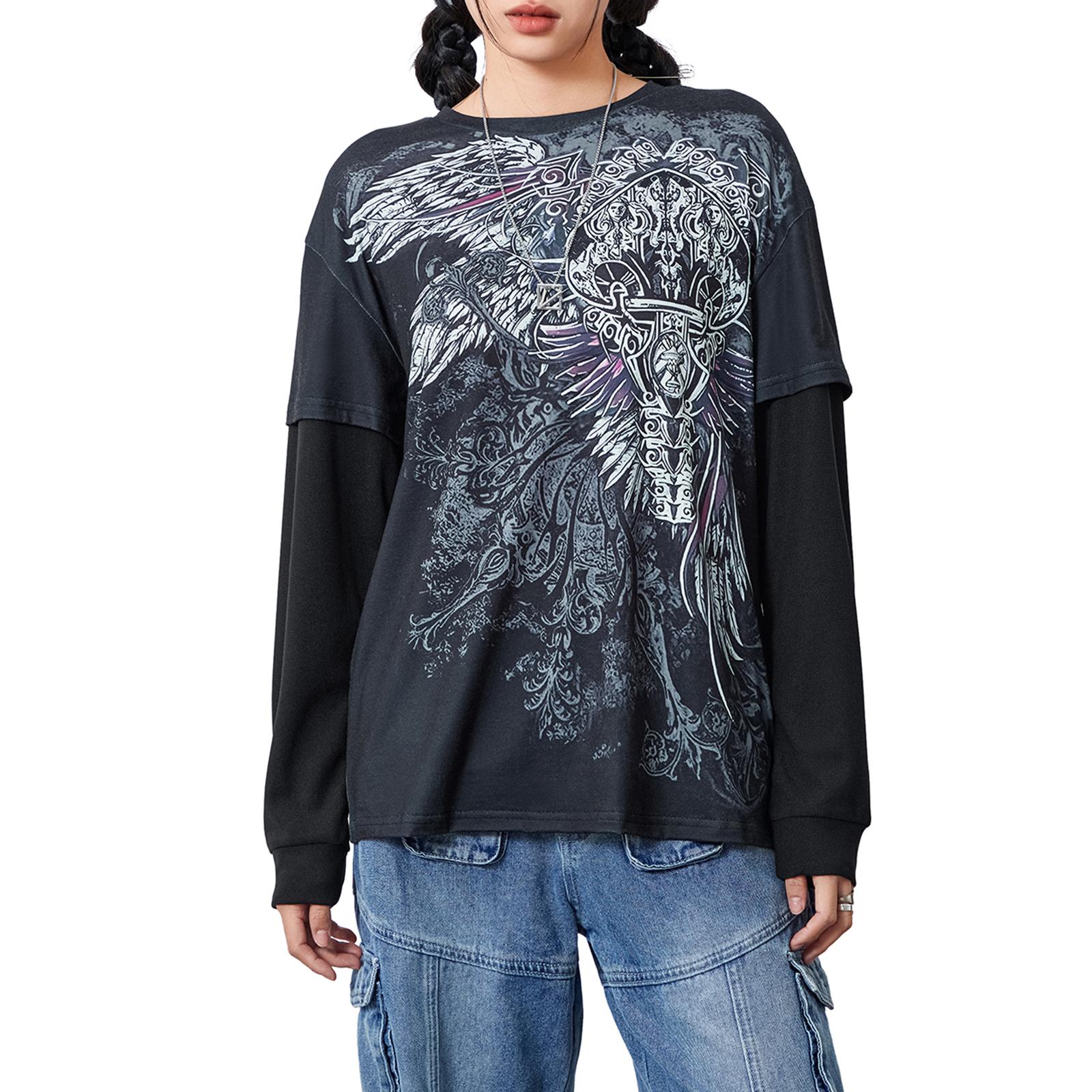 

Женские гранж-топы с длинным рукавом и круглым вырезом, свободные футболки с графическим принтом, поддельные уличные топы из двух частей S чёрный