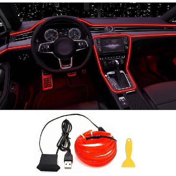 EL Wire Interior Car LED Strip Lights, 16.5FT USB Neon Glowing Strobing El Wire Strip With 6Mm Sewing Edge, Ambient Lighting Kits For Car Ide