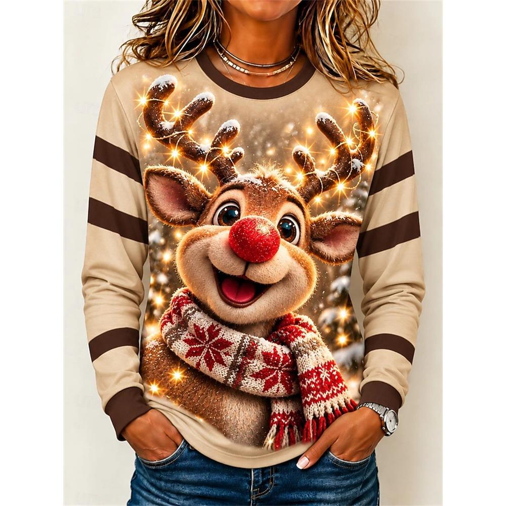 Women’s Long-Sleeve Christmas Pullover Crew Neck Sweatshirt with Christmas Tree and Gift Print Casual Top for Holiday Parties