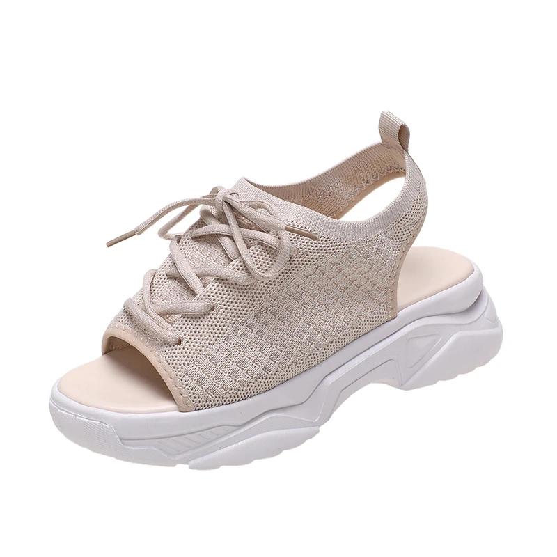 Fashion Shoes for Women 2024 Hot Sale Lace Up Women's Sandals Summer Open Toe Breathable Mesh Solid Platform Casual Comfortable Sandals