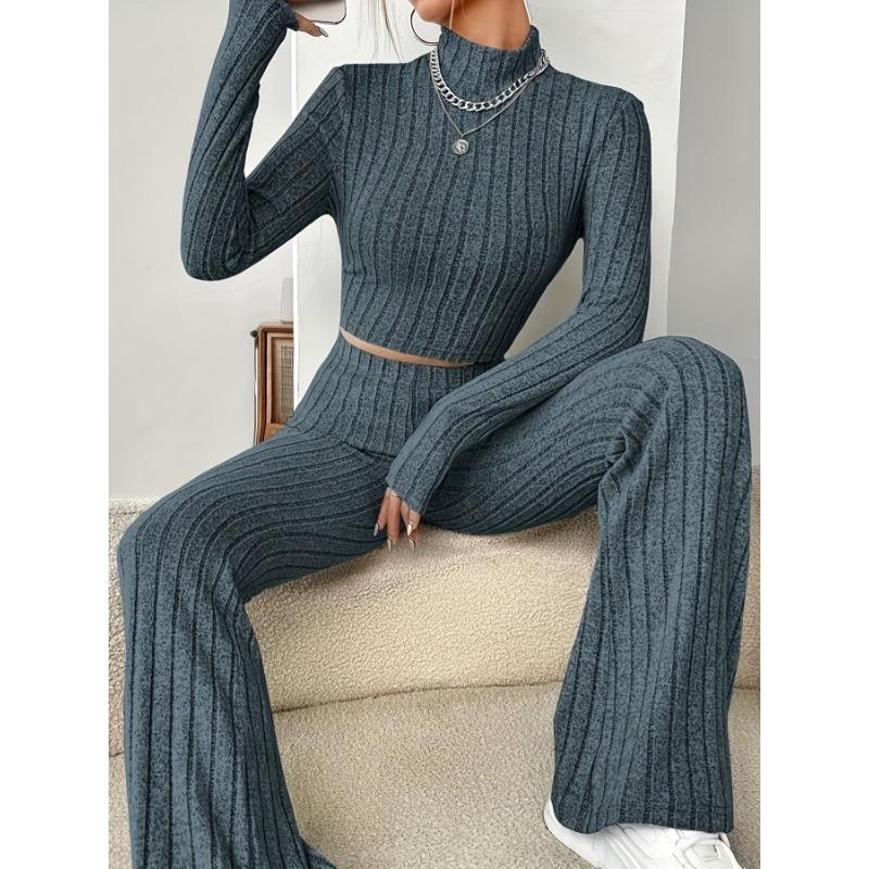 

Вязаный модный костюм в западном стиле для женщин, новые корейские черные свитера с разрезом, широкие брюки, женские повседневные комплекты из двух предметов XL светло-синий