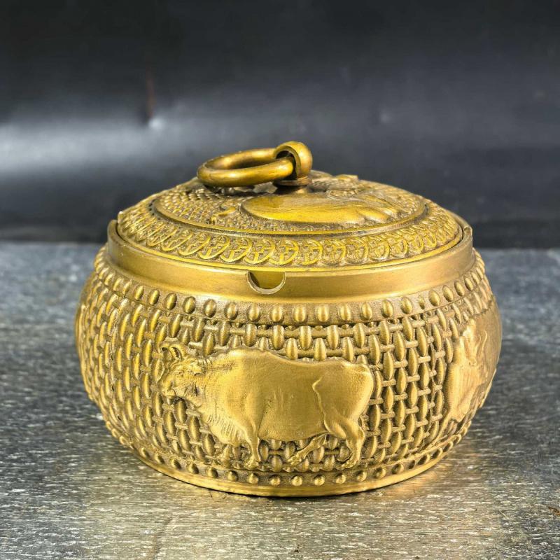 Pure brass dragon and phoenix with lid, treasure bowl ashtray, home living room office decoration