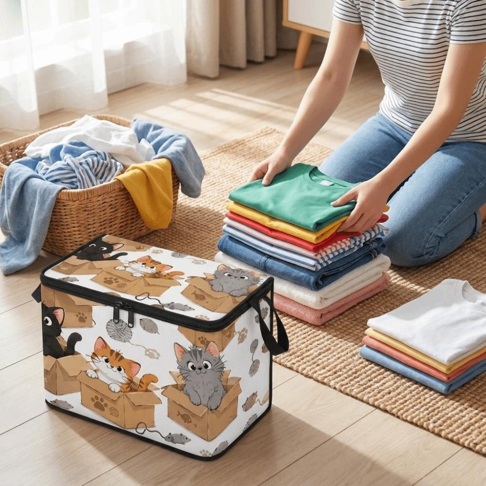 With Lid Foldable Clothes Organizer Large Capacity Cat Pattern Wardrobe Basket Clothing Storage