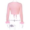 Women Bodycon Cropped Tops Solid Color Shirt  Sexy Short Cropped Top Plunging Neckline Long Sleeve Tops with Fur Cuffs