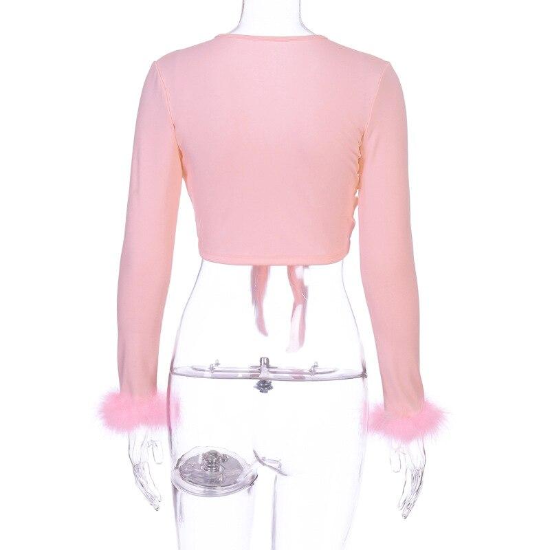 Women Bodycon Cropped Tops Solid Color Shirt  Sexy Short Cropped Top Plunging Neckline Long Sleeve Tops with Fur Cuffs